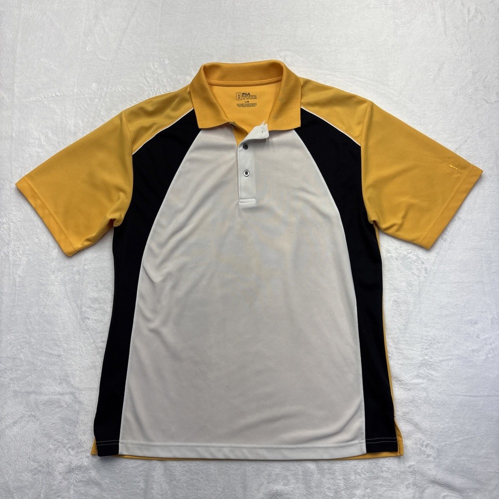 PGA Tour Polo Shirt Mens Large Gold Black White Color Block Golf Streetwear